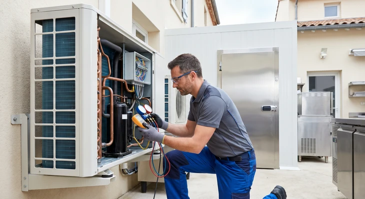 Chambre froide industrielle avec allées centrales, étagères métalliques perforées sur plusieurs niveaux