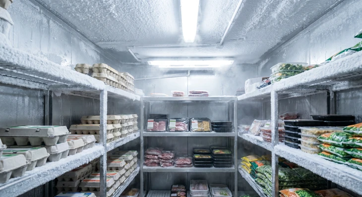 Deux techniciens en uniformes bleus transportent un réfrigérateur américain en inox dans une cuisine moderne équipée