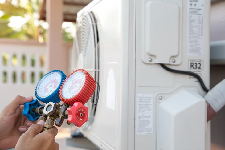 Technicien en tenue de travail bleue effectuant maintenance sur système de climatisation résidentiel