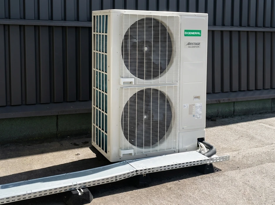 Unité extérieure de climatisation double ventilateur, marque **O'General**, gamme **Airstage**, installée sur un support métallique de sol en extérieur