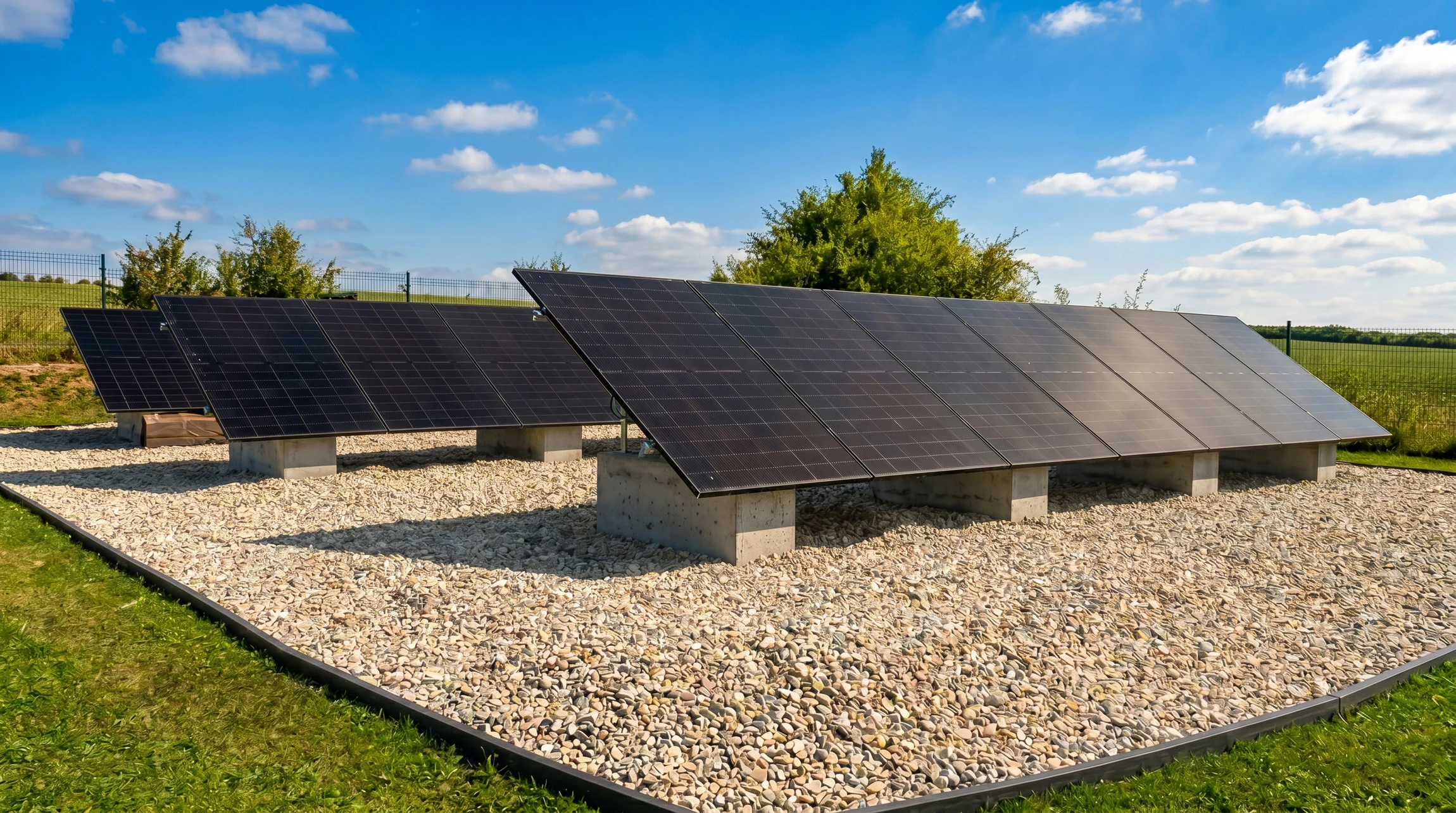 Installation solaire au sol en extérieur, composée de panneaux photovoltaïques monocristallins noirs disposés en deux rangées inclinées, montés sur supports en béton