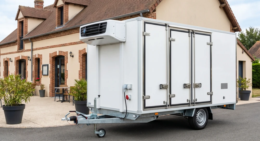 Scène extérieure sur terrain aride avec véhicule SUV gris tractant une remorque utilitaire métallisée à ridelles rabattables