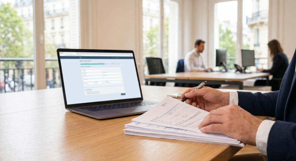 Gros plan sur un bureau de travail avec un consultant ou administratif tenant des documents, des dossiers de subvention, et un ordinateur portable affichant des formulaires de demande d'aides financières (MaPrimeRénov', CEE, etc.). L'arrière-plan montre un espace de bureau professionnel. L'image doit transmettre l'idée d'accompagnement administratif, de gestion de dossiers complexes et de sérénité pour le client.