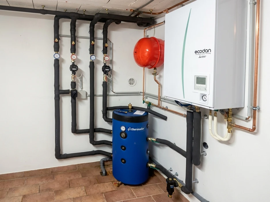 Local technique intérieur équipé d'une installation de pompe à chaleur air-eau