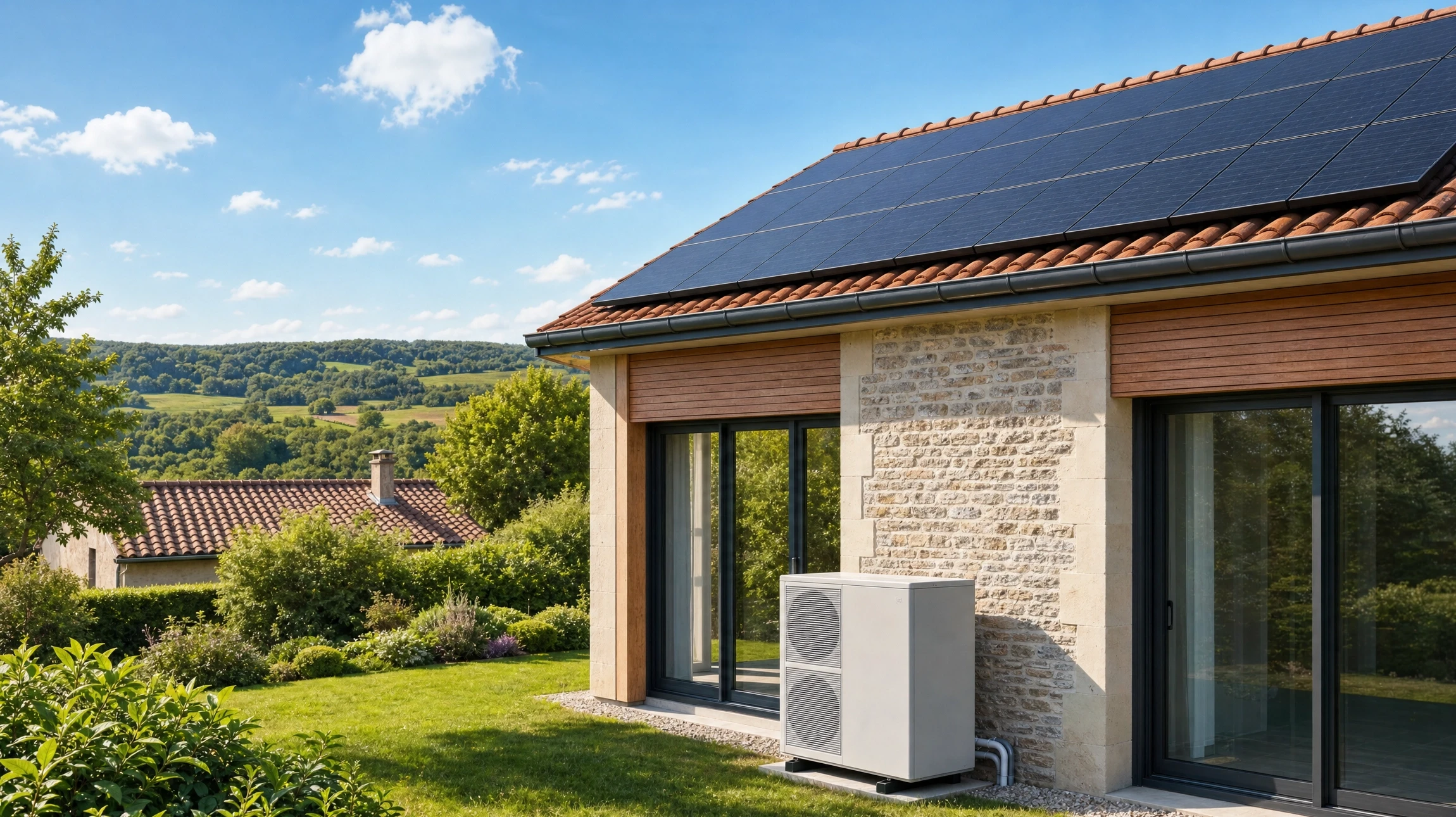 Deux ouvriers installent des panneaux solaires photovoltaïques sur une toiture en tuiles canal terre cuite