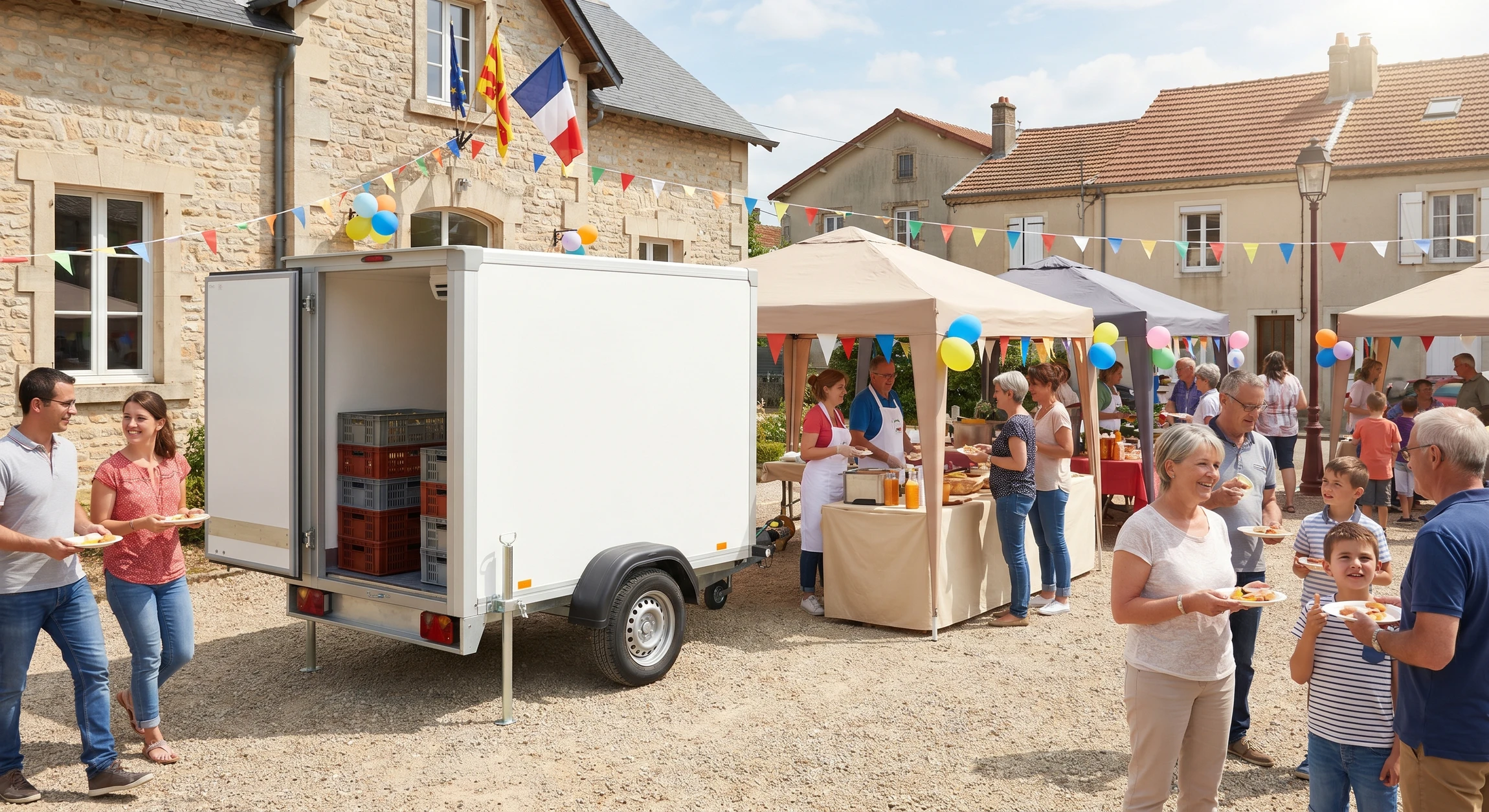 Camion semi-remorque blanc moderne sur fond neutre, cabine tracteur avec pare-brise teinté et grille avant noire, remorque fermée type fourgon