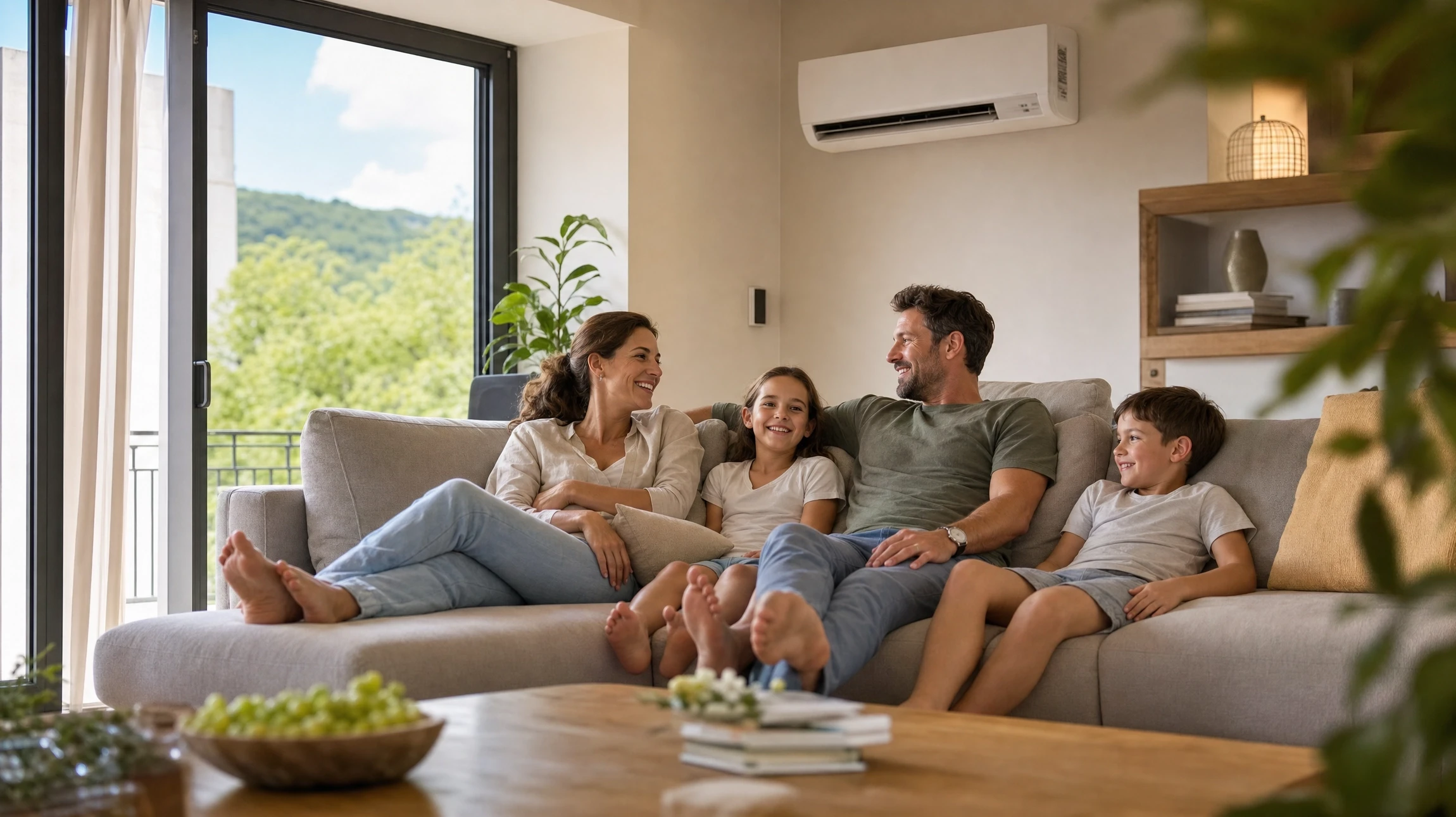 Intérieur résidentiel moderne avec climatiseur split mural blanc installé au plafond près d'une fenêtre