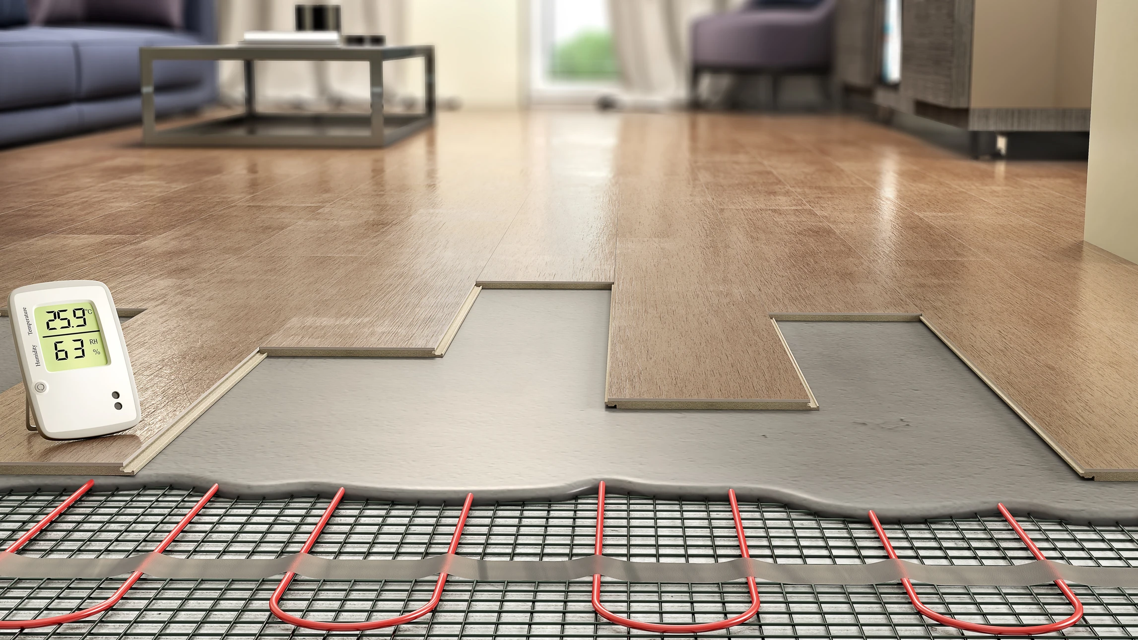 Intérieur de chantier avec installation de plancher chauffant hydraulique en cours