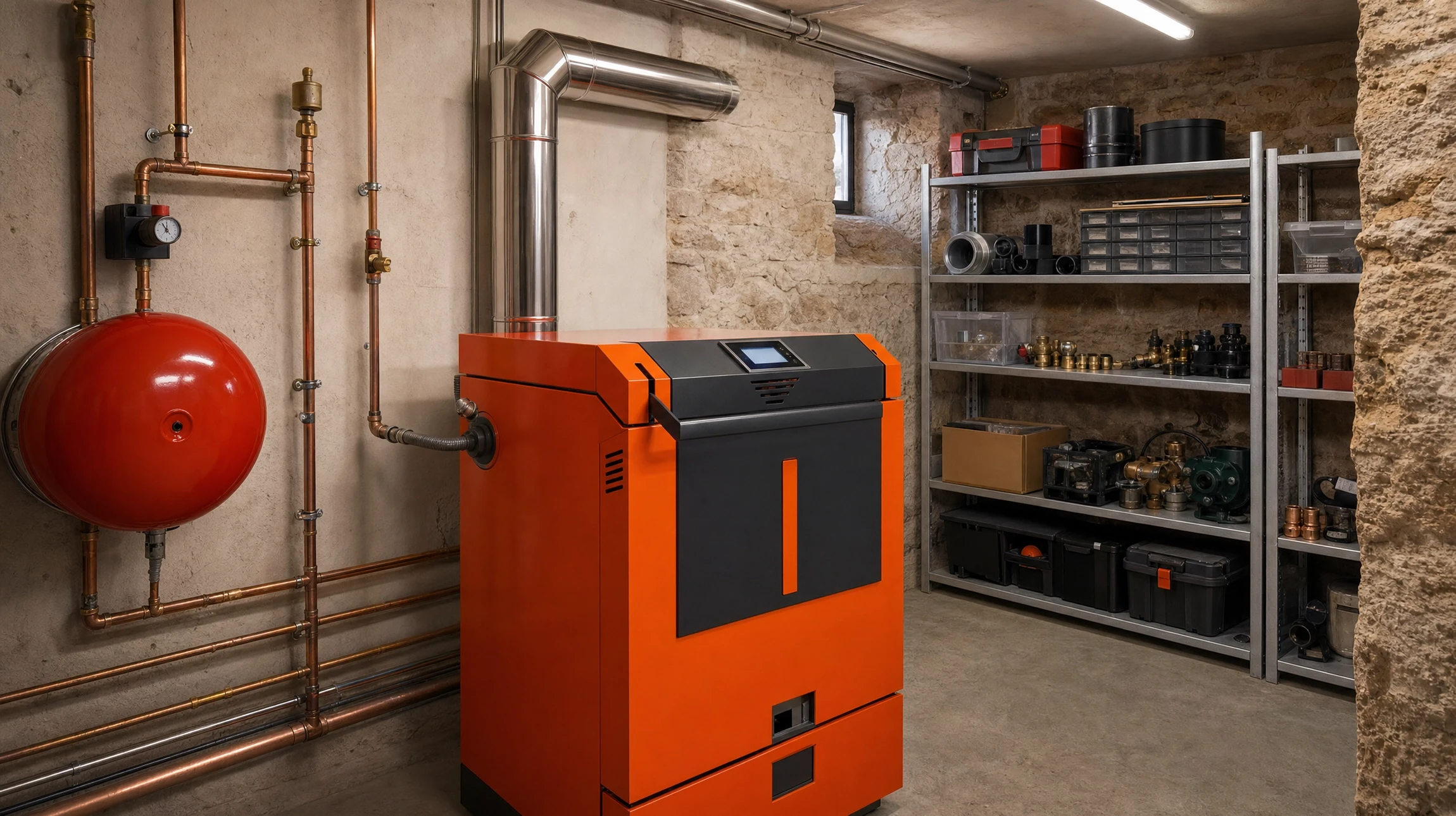 Intérieur moderne avec installation de chauffage domestique comprenant chaudière biomasse rouge avec écran numérique, réservoir de stockage cylindrique blanc isolé, système d'alimentation automatique par vis sans fin, conduits d'évacuation fumées