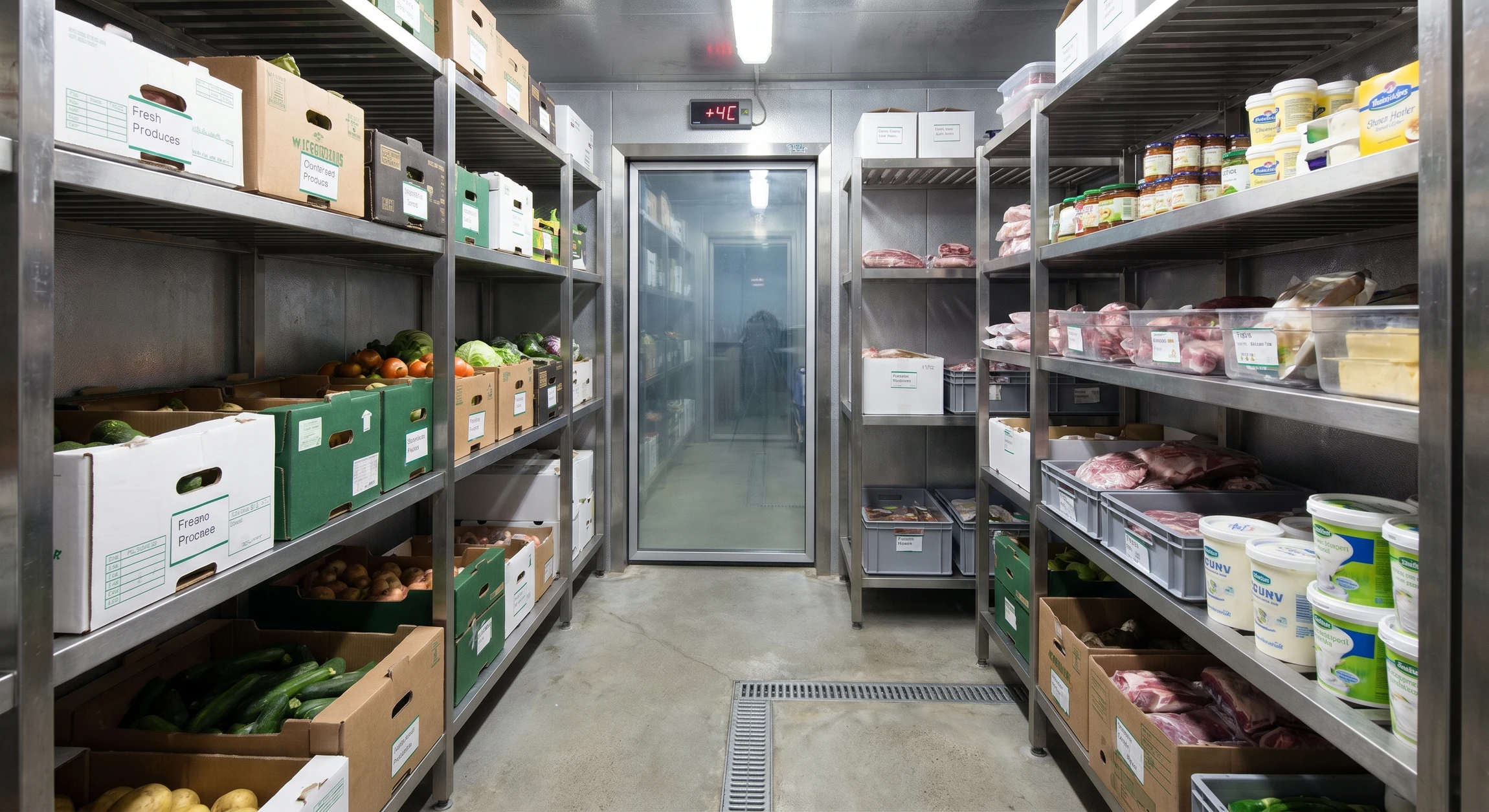 Intérieur d'une cuisine professionnelle avec équipements de réfrigération industrielle