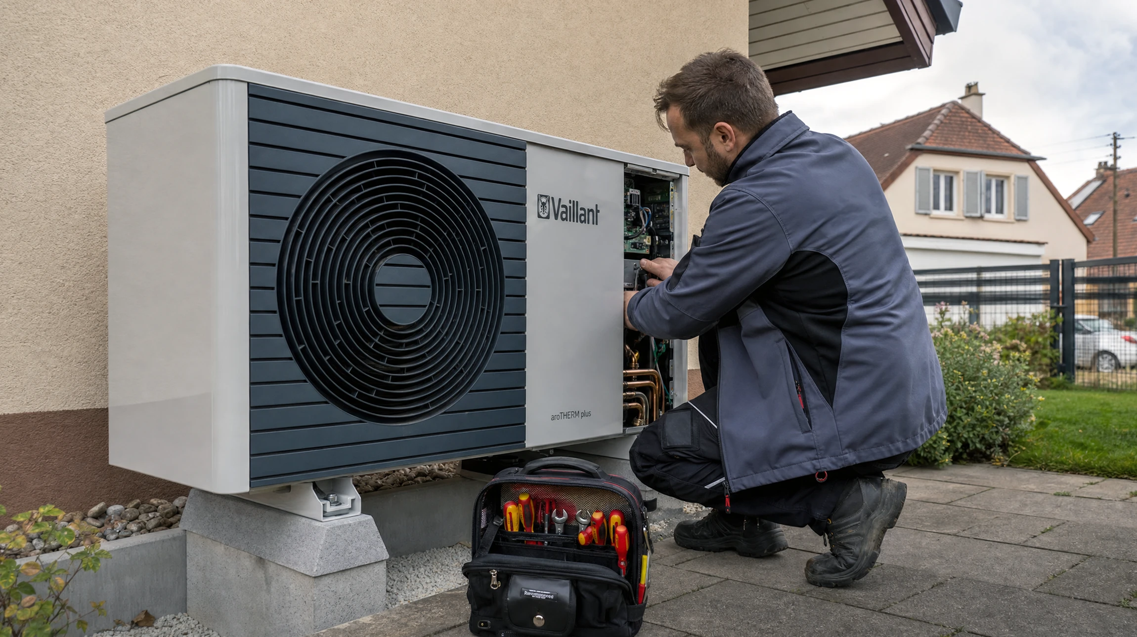 Extérieur résidentiel moderne avec pompe à chaleur air-eau installée sur socle béton contre façade blanche