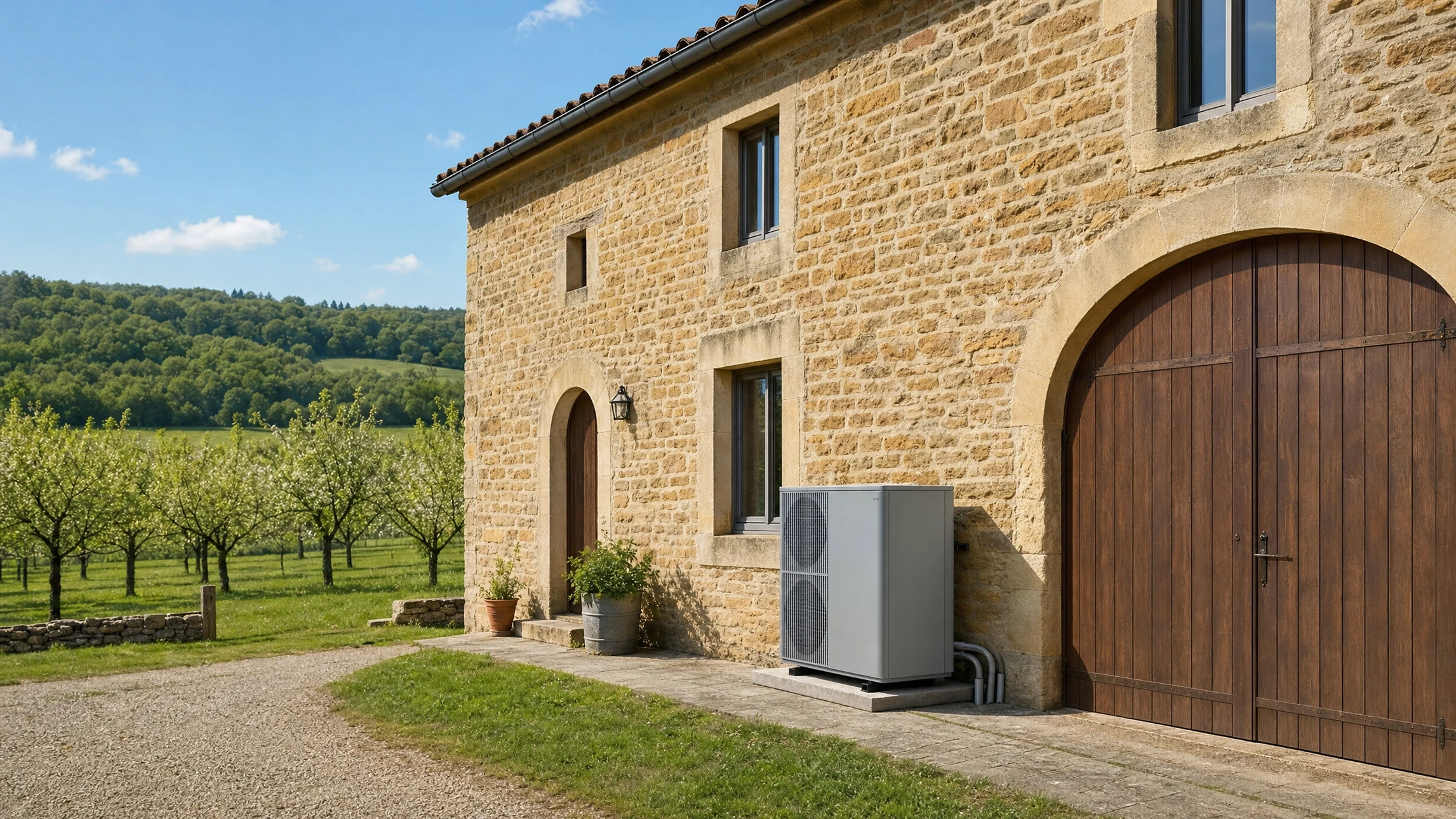 Intérieur moderne avec installation de chauffage domestique comprenant chaudière biomasse rouge avec écran numérique, réservoir de stockage cylindrique blanc isolé, système d'alimentation automatique par vis sans fin, conduits d'évacuation fumées